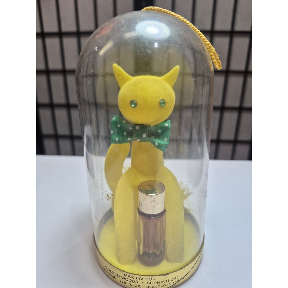 Vintage Max Factor Sophisti-Cat Golden Woods Perfume Yellow Flocked Cat Dome